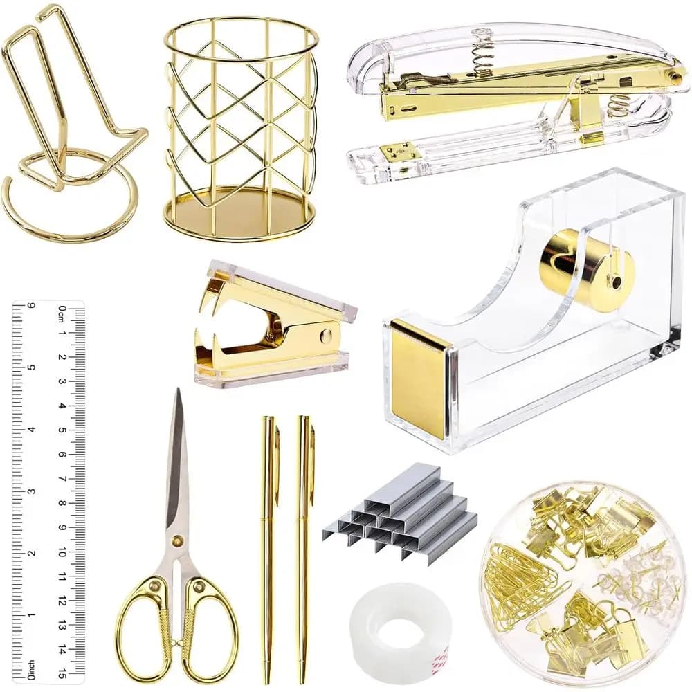 Set di Accessori da Scrivania in Oro, Set Graffettatrice in Acrilico con Rimuovi Graffette, Portapenne, Porta Nastro, 2 Penne, Forbici, Raccoglitore