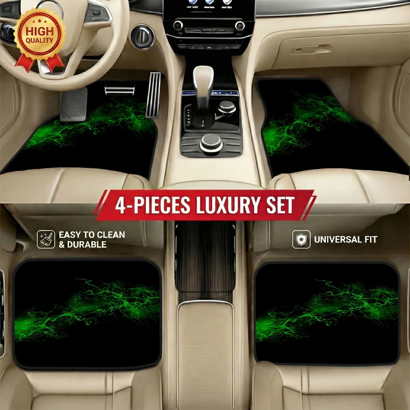 4pcs Car Floor Mats With Green Smoke Print, Universal Fit For Most Cars, Easy To Clean, Durable Polyester Interior Protection, N