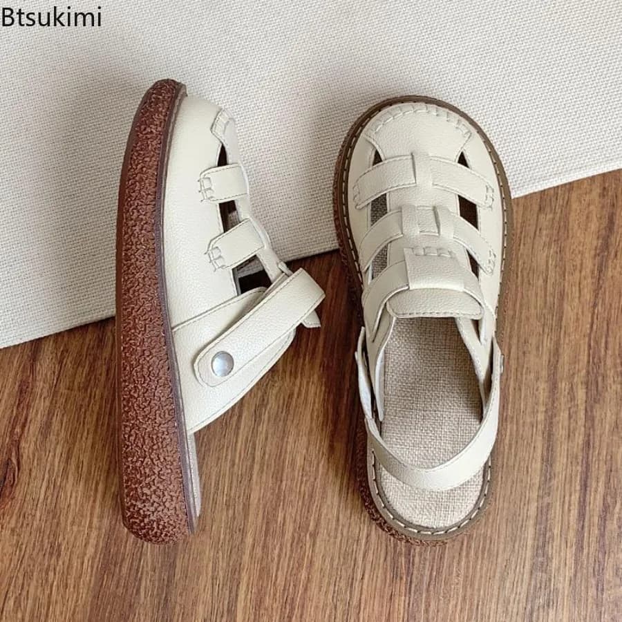 New Vintage Hollow Out Summer Gladiator Sandals Women Classic Round Toe Low Heel Sandals Soft Thick Bottom Non Slip Mom's Shoes