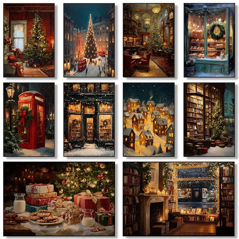 Brilliantly Illuminated Winter Holiday Town Village Snowy Christmas Tree Poster Canvas Painting Wall Art Pictures Bedroom Decor