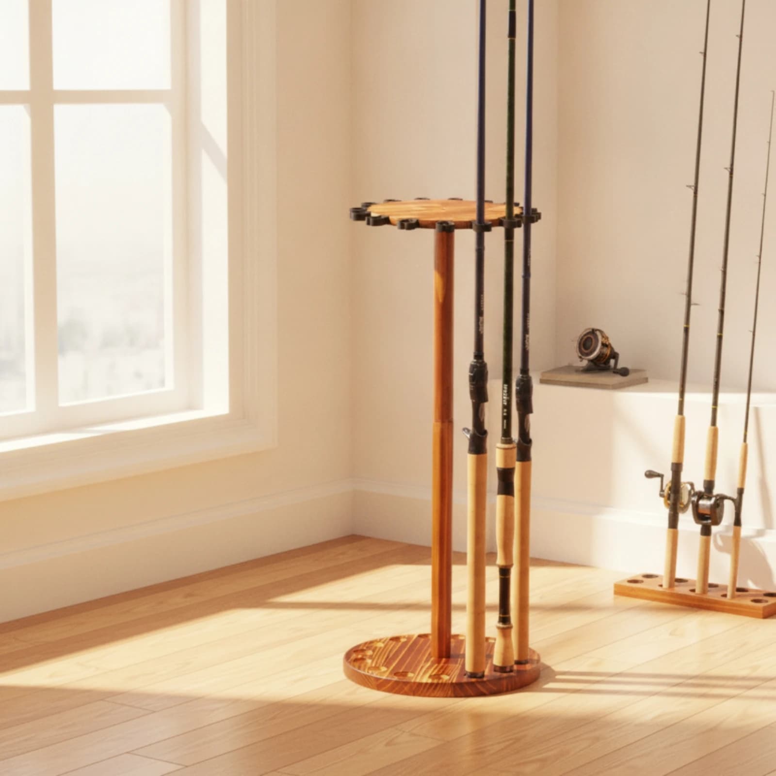 Fishing Rod Display Rack Vertical Fishing Rod Rack Upright Wood for Fishermen, Garage, Shop