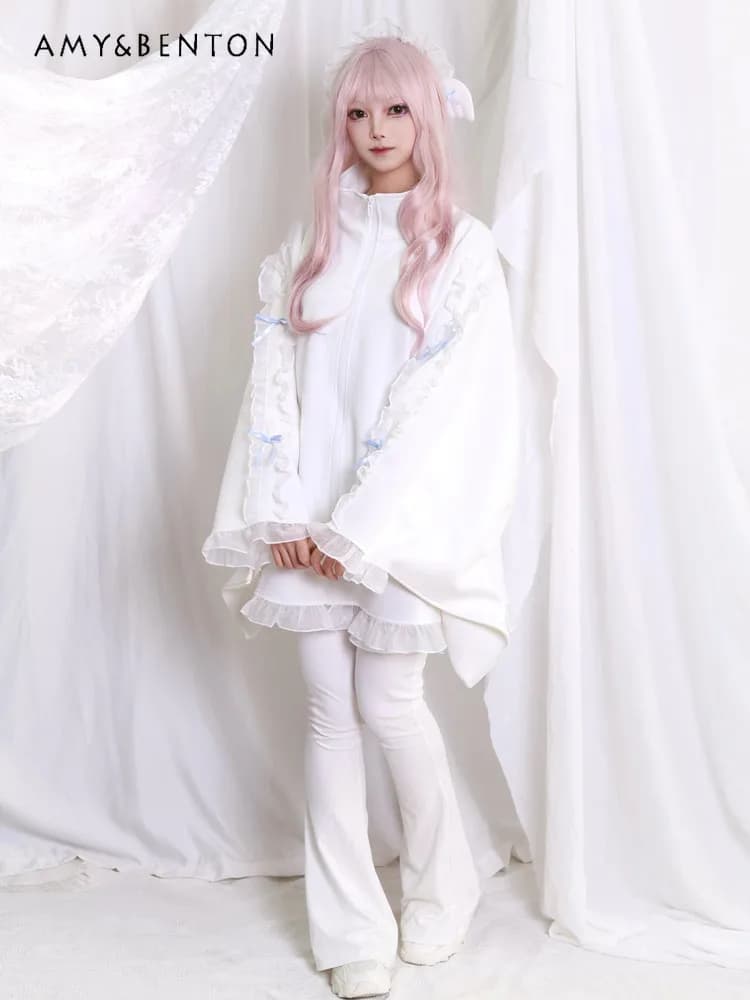 Original Subculture Cute Bow Lace Patchwork Flare Sleeve Stand Collar Sweatshirt Women Japanese Goth Oversized Mid-length Hoodie
