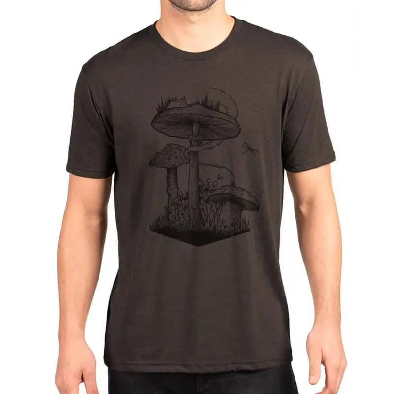 Maglietta da uomo con funghi e illustrazione del campeggio Ritorno alla miscologia naturale