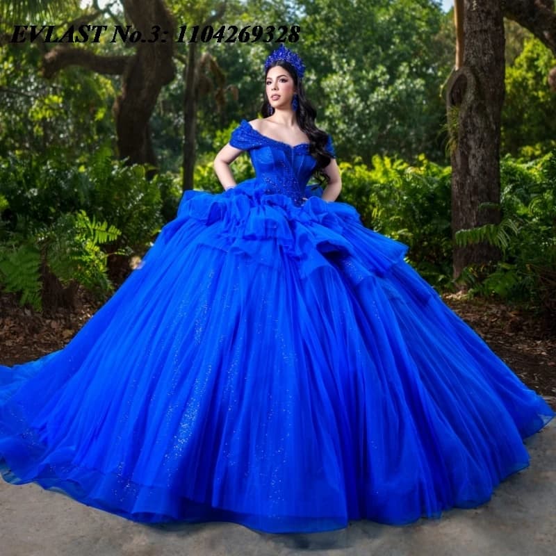 EVLAST Personalizzato Lucido Royal Blue Abito Quinceanera Abito di Sfera Applique Che Borda A File Dolce 16 Abiti 15 De Anos E3Q859