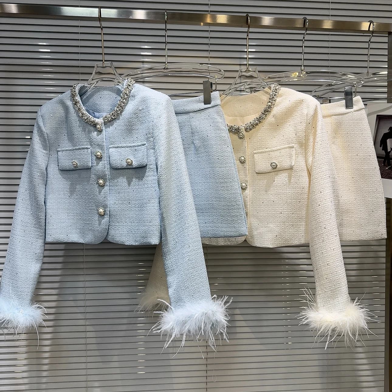 Fall 2026 New Style Small Fragrance Water Diamond Collar Furry Sleeve Short Cotton Jacket Skirt Set French Style Long Sleeve