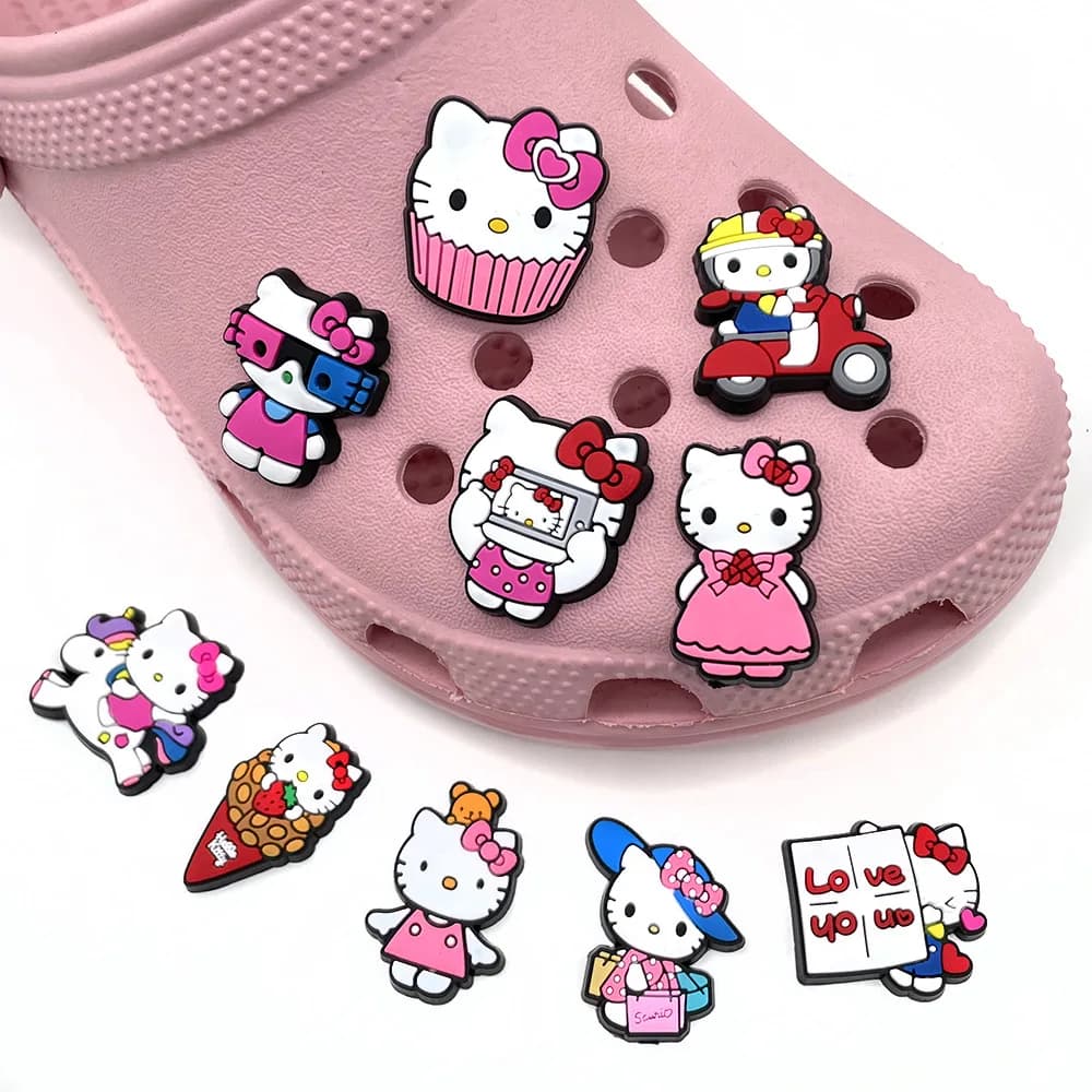 Mesuca 1/10pcs Hot Sale Kawaii Cute Hello Kitty Rubber PVC Shoe Charms Cartoon Cat Clog Decor DIY Accessories For Slides Sandals