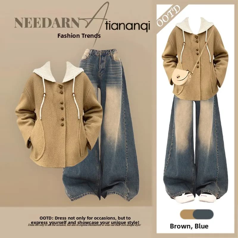 Set Due Pezzi per Donna: Cappello Lavorato a Maglia, Cappotto e Jeans a Vita Alta, Anti-Invecchiamento, Moda Autunno Inverno