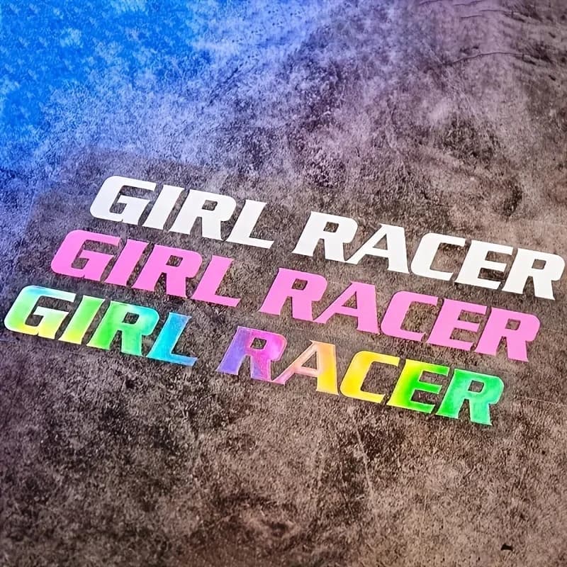 Adesivo 2D piatto per auto 'Girl Racer', decalcomania in vinile impermeabile bianco/rosa/olografico, per carrozzeria e finestrini, stile racing femminile