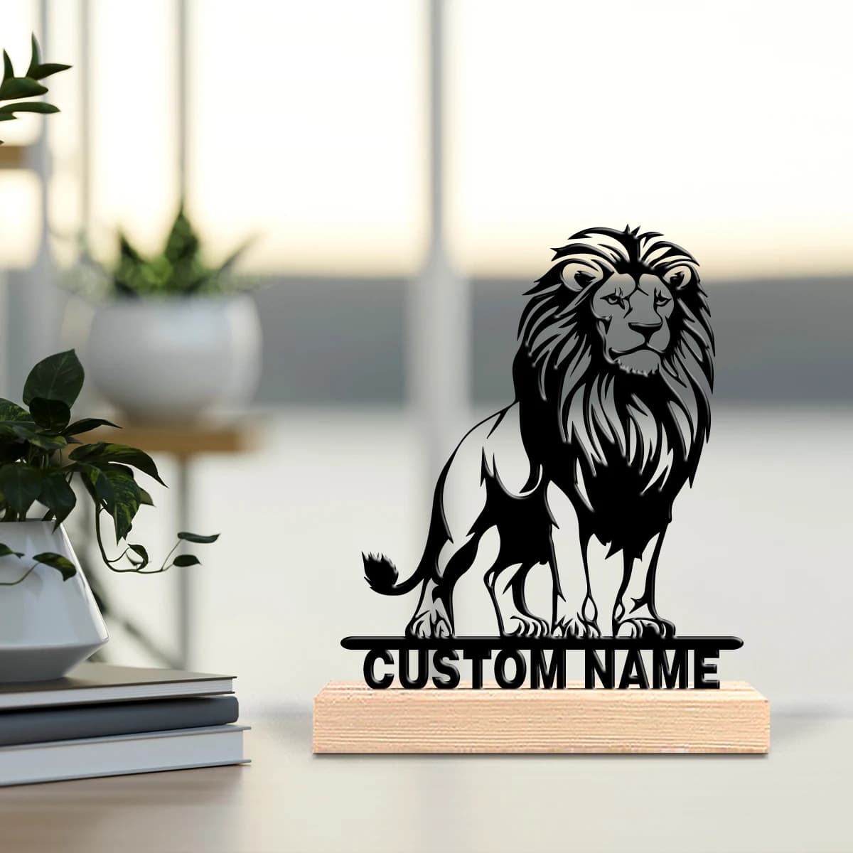 Decorazione in metallo a forma di leone con base in legno, personalizzabile con texture di lusso leggero, ideale come regalo per avvocati, ufficio e uomini.