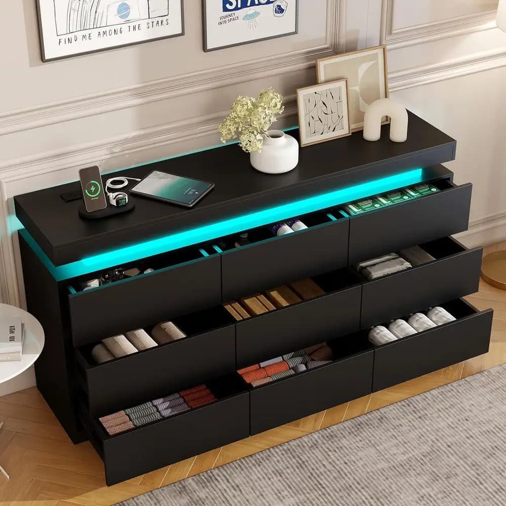 Cassettiera a 9 cassetti illuminata a LED con stazione di ricarica, ampio organizer contenitore per camera da letto, soggiorno o armadio, nero