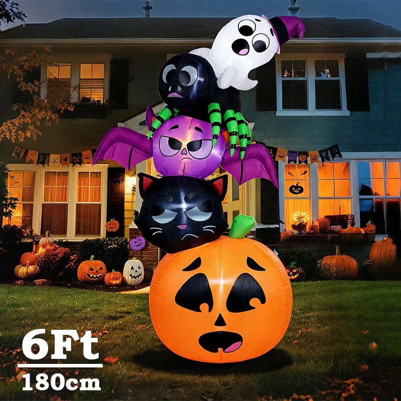 Halloween Inflatable Decorative Props Stacked Pumpkin Black Cat Bat Spider Ghost Outdoor Yard Party LED Lights Ornamental Model