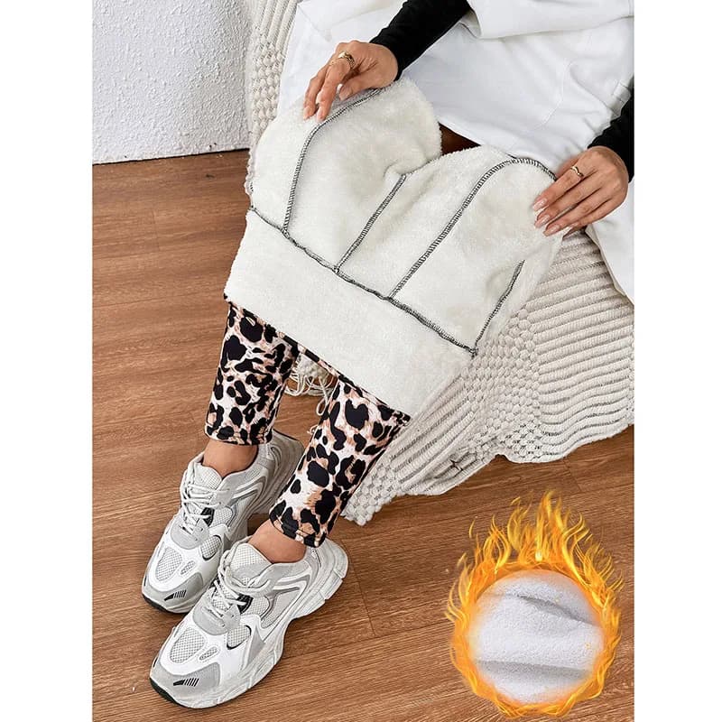 Leggings caldi in lana d'agnello invernale Leggings tascabili con stampa leopardata moda femminile Pantaloni da yoga in velluto a vita alta da donna