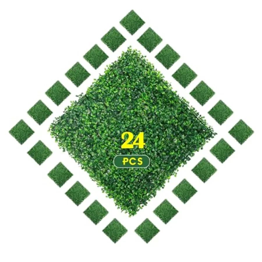 24 Pannelli di Bosso Artificiale 50x50 cm, Siepe Decorativa, Schermo per Privacy, Protezione UV, Adatti per Giardino Interno ed Esterno
