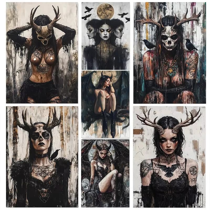 DIY Paint by Numbers Gothic Female Warrior Tattoos Curse Terror for Adults Beginner Canvas Wall Art Home Decor Gift