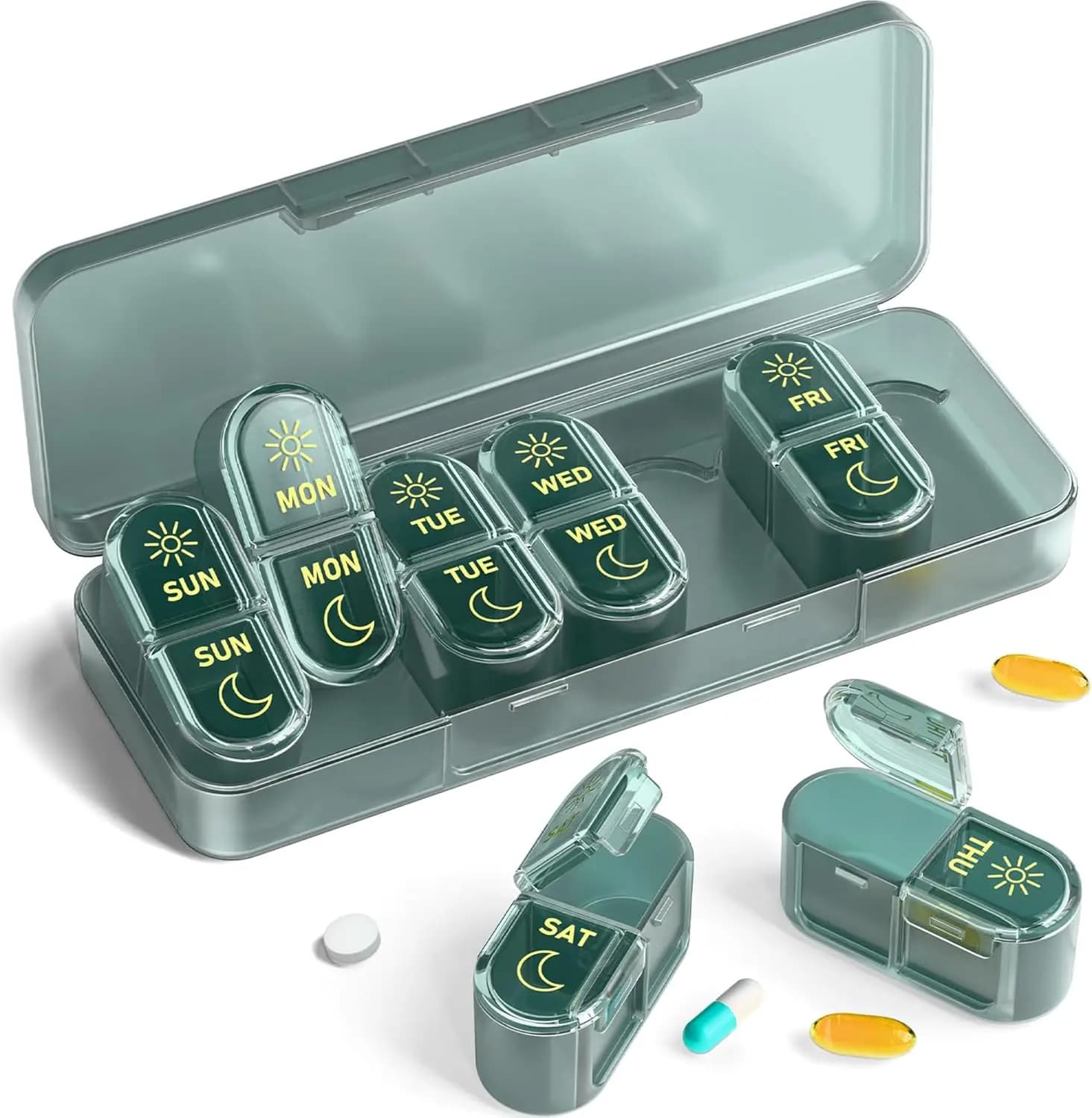 7 Day AM/PM Pill Organizer, 2x/Day Weekly Pill Box, Sealed Portable Medicine Case with 14 Compartments for Pills & Vitamins