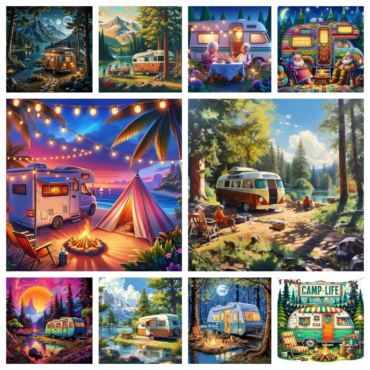 Kit di pittura con diamanti per poster da caravan da campeggio per camper per adulti, viaggi nel cielo notturno e decorazioni murali a tema foresta di avventure