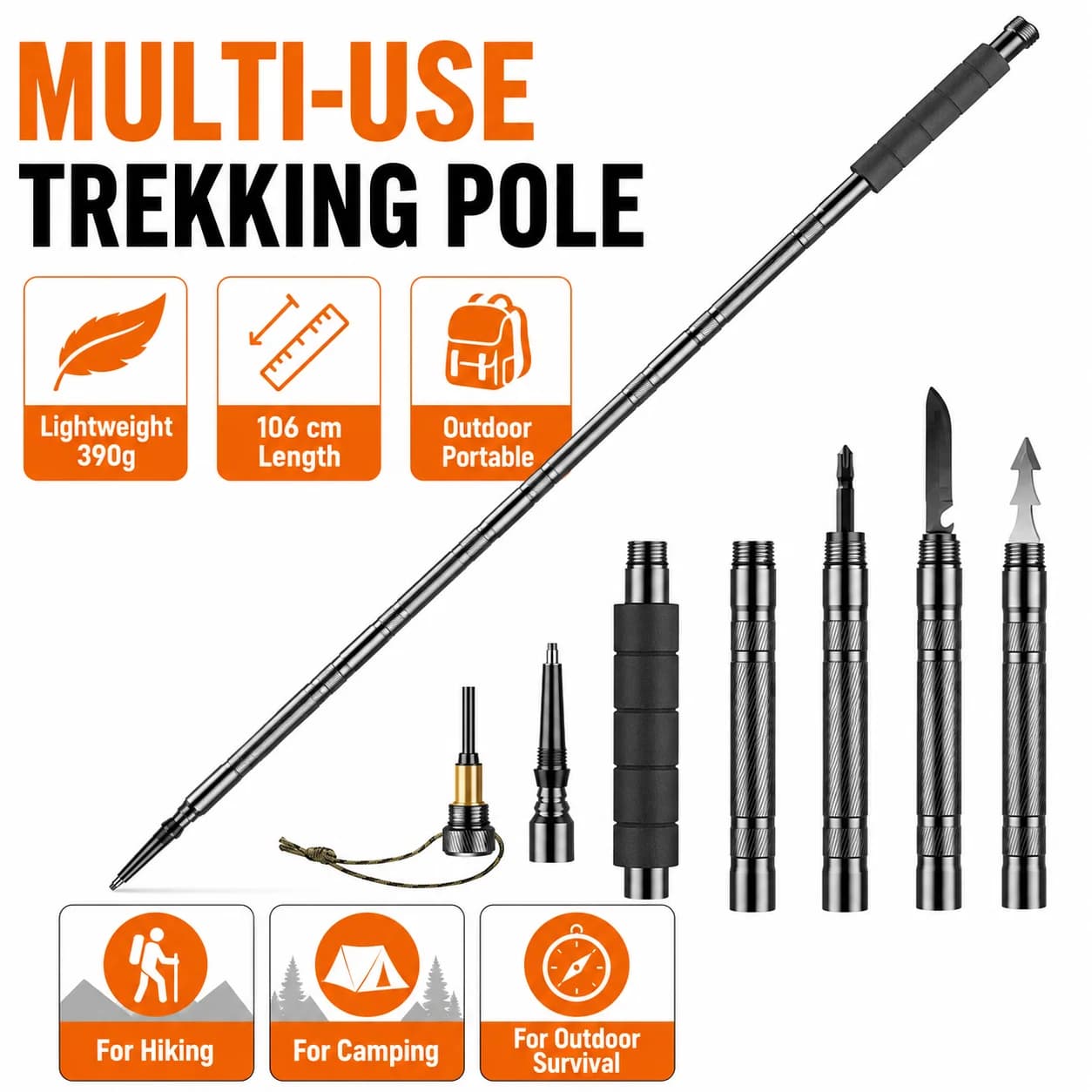 106CM Adjustable Hiking Walking Pole, Lightweight Telescopic Trekking Stick, Portable Outdoor Camping Travel Climbing Gear, Anti Slip Shock Absorbing Walking Aid for Backpacking Hiking Daily Outdoor Activities