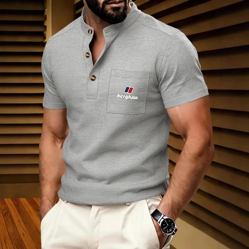 Trending Men 3 Button Waffle Knit Tee Chest Pocket Chic Red Chest Emblem Print Comfort Slim Daily Casual Short Sleeve S-3XL