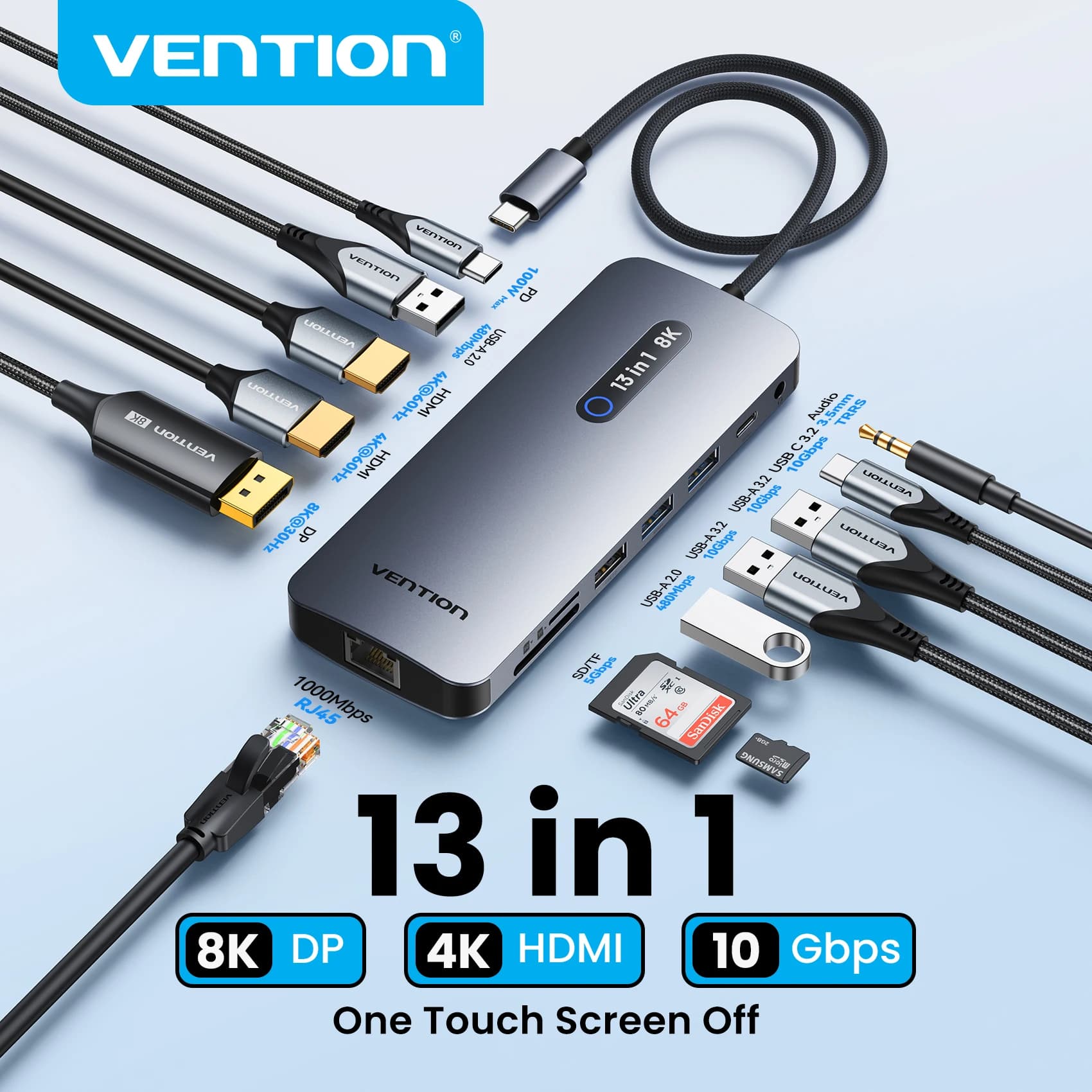 Hub USB C Vention 13 in 1 con DP 8K@30Hz, 2 HDMI 4K@60Hz, Controllo Touch, USB 3.2 1000Mbps, Adattatore Ethernet, Docking Station per MacBook e Windows