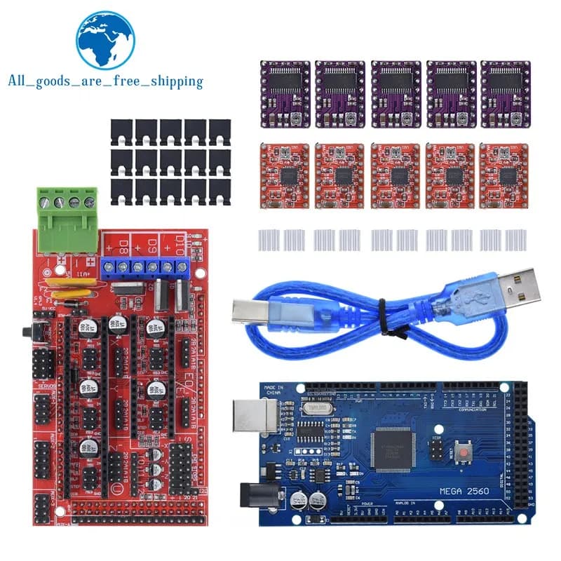 Mega 2560 R3 + pannello di controllo RAMPS 1.4 + 5 pezzi di driver per motore passo-passo A4988 o DRV8825 per kit Arduino