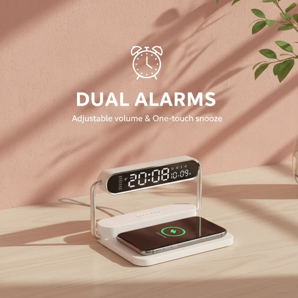 Sveglia Intelligente con Lampada Dimmerabile, Stazione di Ricarica Pieghevole, Orologio Digitale con Controllo Touch per Smartphone, Camera da Letto, Scrivania, Viaggio