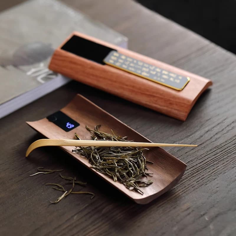 Bilancia Elettronica per Tè in Legno Massello Wu Liang - Vassoio per Tè in Noce Nero, Bilancia da Cucina per Foglie di Tè con Display LED