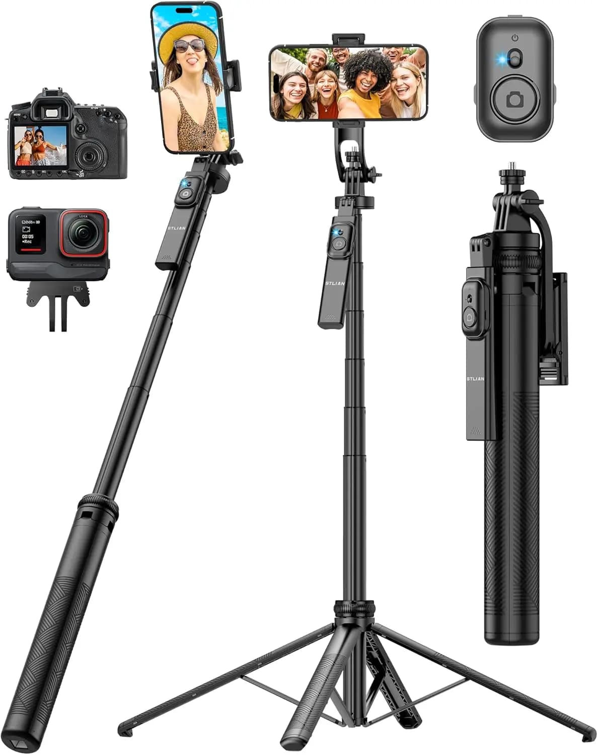Treppiede per selfie regolabile da 70,8 pollici per iPhone 15/Samsung S23/GoPro, supporto portatile per fotocamera e telefono