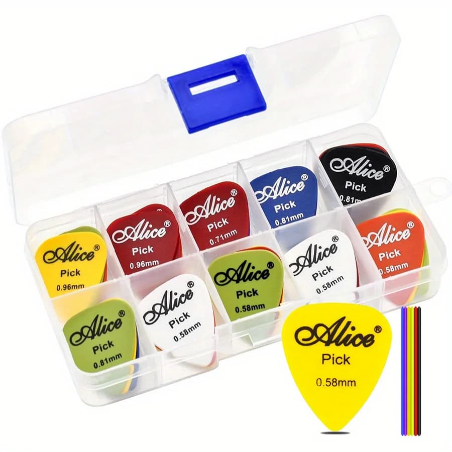 Set di plettri per chitarra Alice da 50 pezzi Spessore variabile da 0,58 mm a 1,50 mm Plettri in plastica durevoli con custodia trasparente JXB