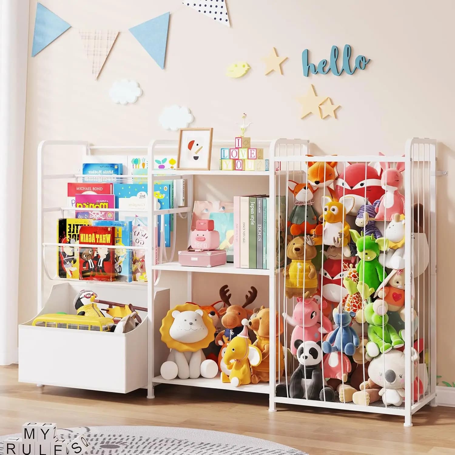 Organizzatore 3-in-1 per Peluche con Libreria per Bambini e Porta Peluche per Cameretta, Camera da Letto, Sala Giochi - Bianco