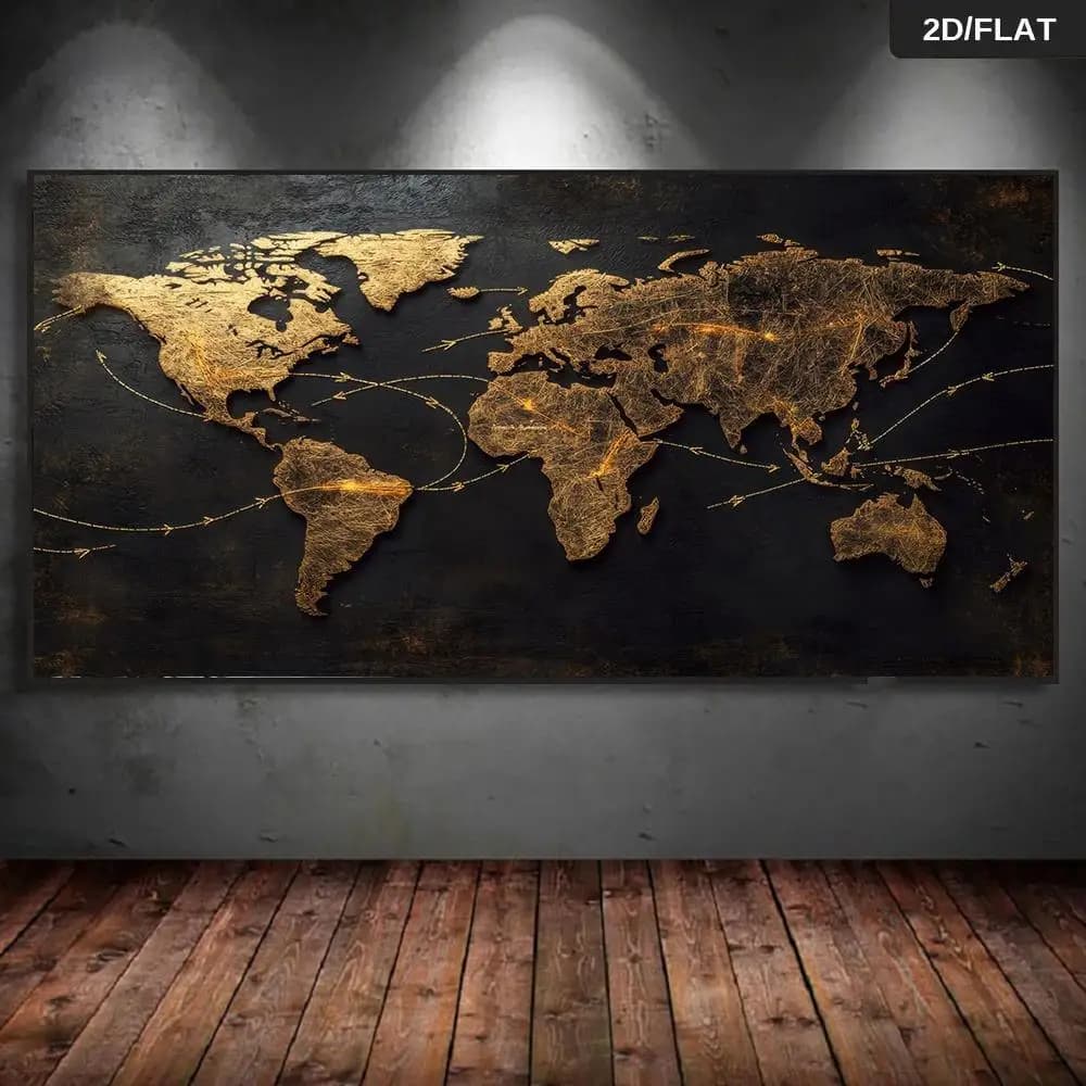 Un moderno murale astratto con mappa del mondo in oro e frecce di collegamento, con finitura metallica nera e oro, adatto per il soggiorno.