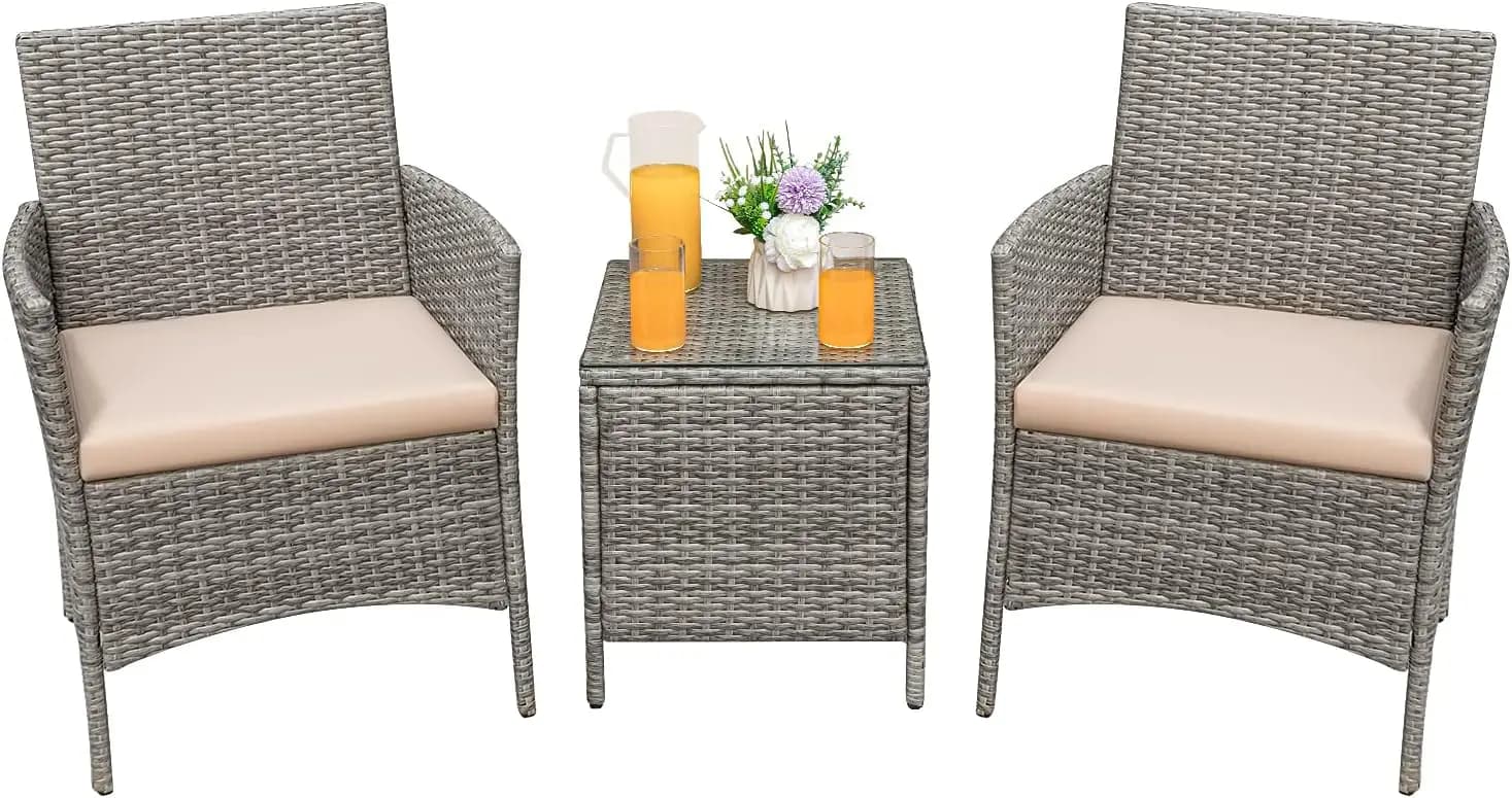 3 piece PE rattan outdoor chairs with cushions and glass table, grey/beige for garden, patio, courtyard