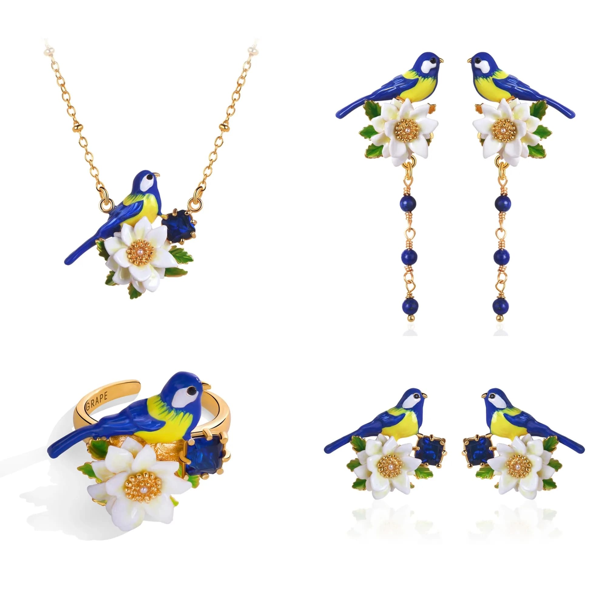 Juicy Uva Fiore bianco Set di gioielli per uccelli blu Orecchini Collana Anello Smalto Gioielli fatti a mano con fiori e uccelli Regali per ragazze