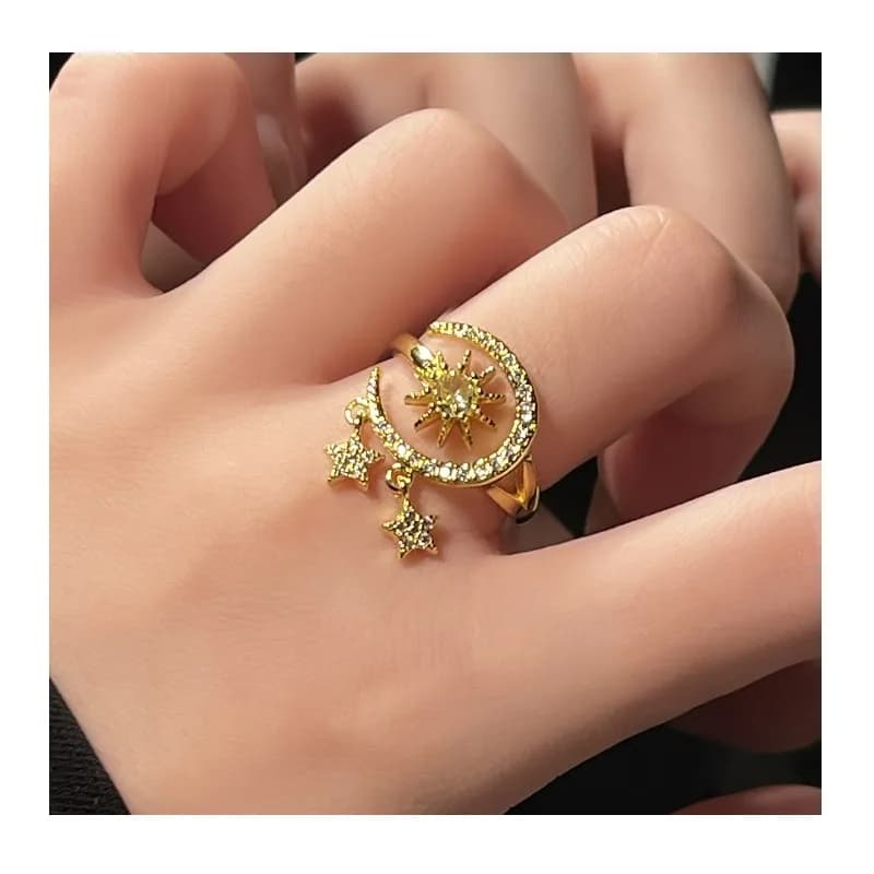 Tassel Star Moon Ring Girls Fashion Personality Light Luxury Ring Gold Star Moon Zircon Adjustable Index Finger Ring