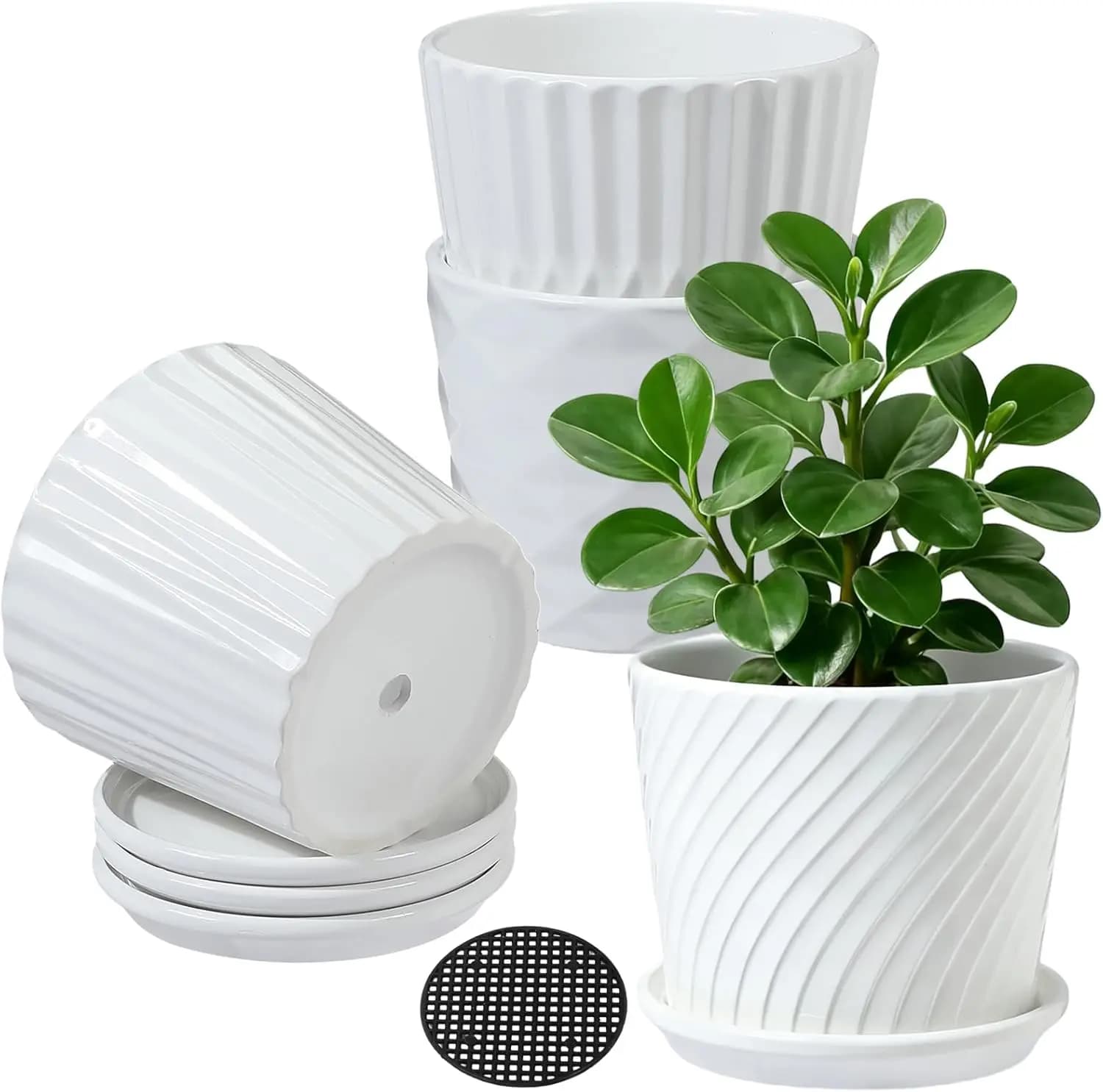 5.5” Ceramic Plant Pots with Drainage and Saucer 4PCs White