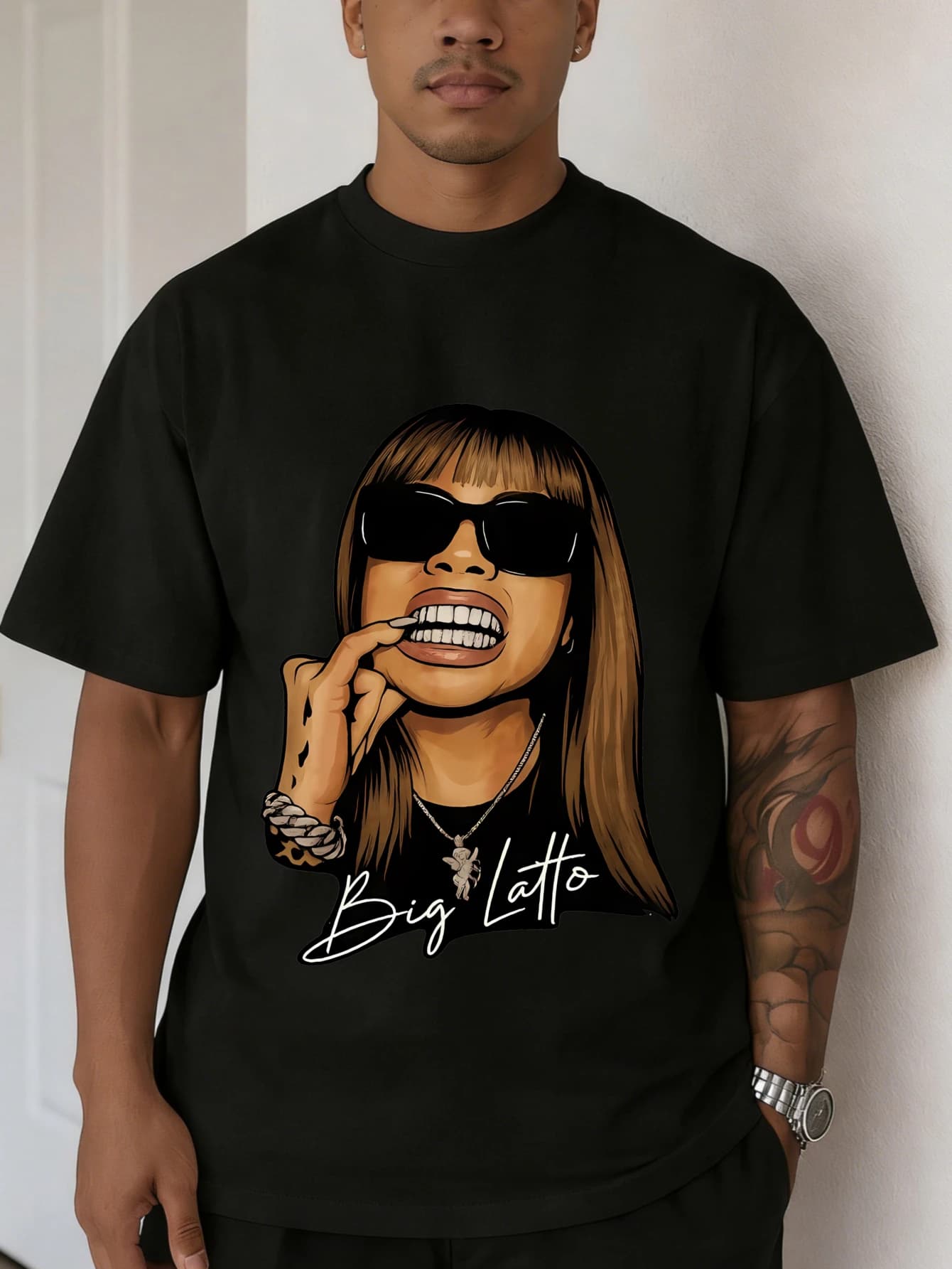 Men's Oversize T-Shirt with Graphic Printing Big Latto Rapper, in Coton with Sleeves Court, Hip Hop Streetwear Style, Gift for Him