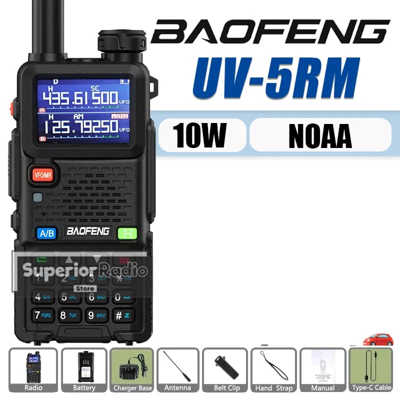 Baofeng UV-5RM Walkie Talkie 10W Frequenza USB-C ad alta potenza Copia rapida Torcia FM a lungo raggio Multi Band NOAA Radioamatore bidirezionale