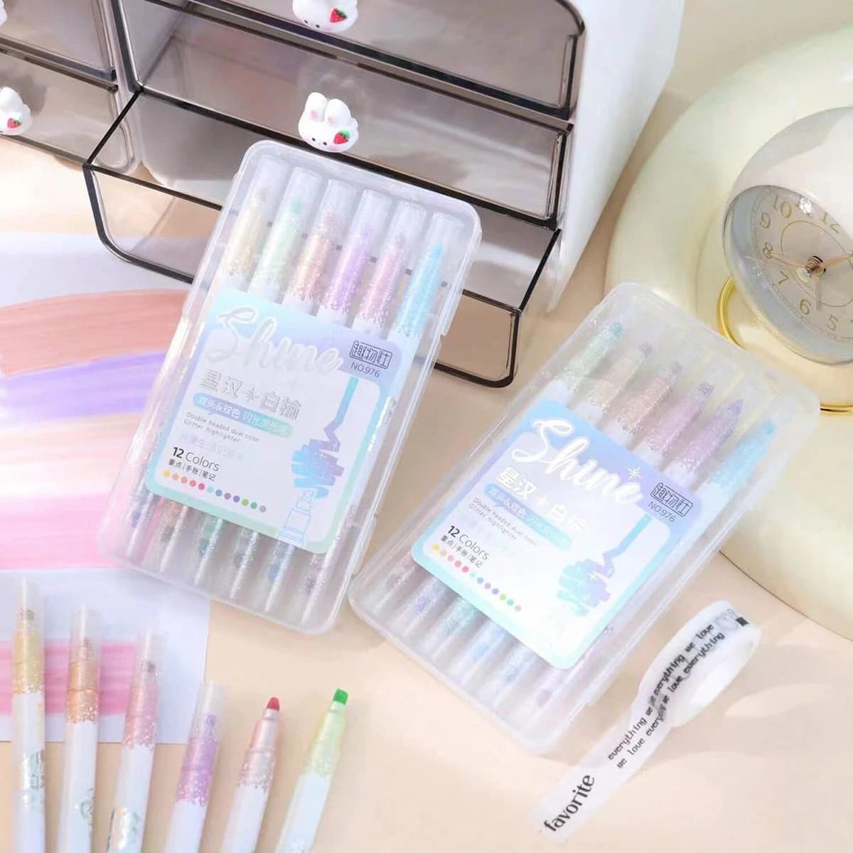 6 Pcs Cute Glitter Highlighters, Dual Tip Dual-Color Chisel Nib Fast Dry, Bible Journal School Stationery Supplies