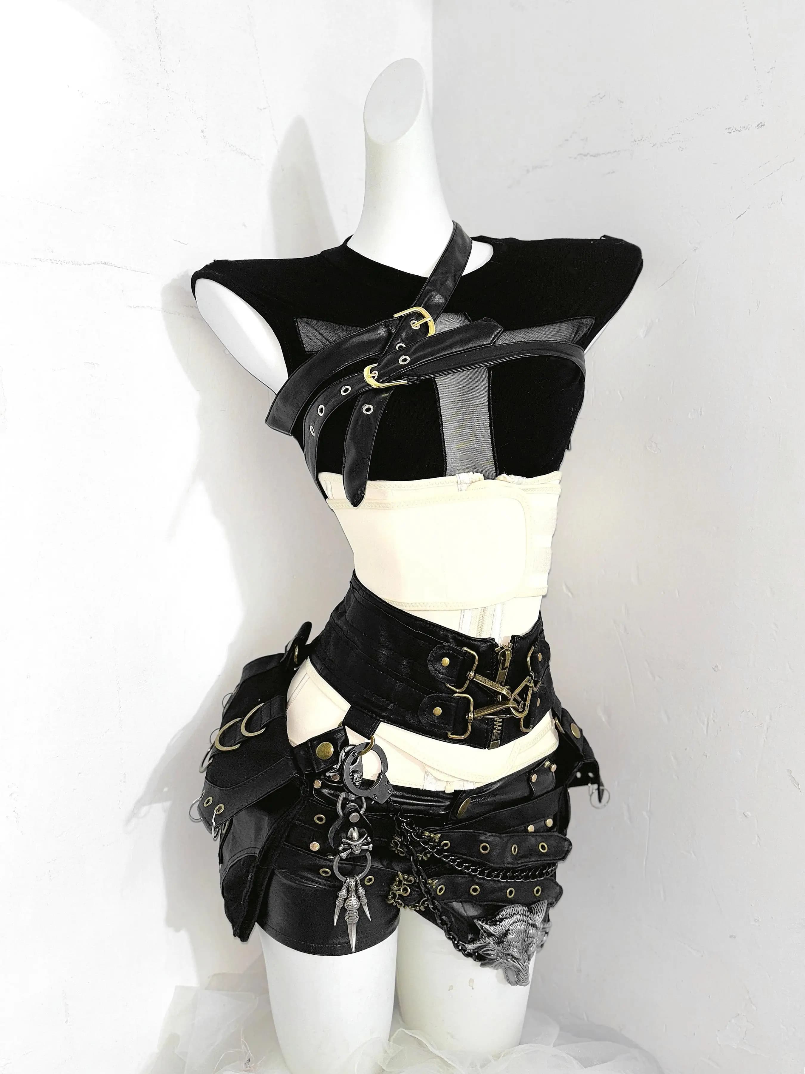 TDH Original Subculture Gothic Cross Patch Sleeveless Tshirt Tank Top and Belt PU Super Shorts with Girdle Punk Sexy 2pcs Set