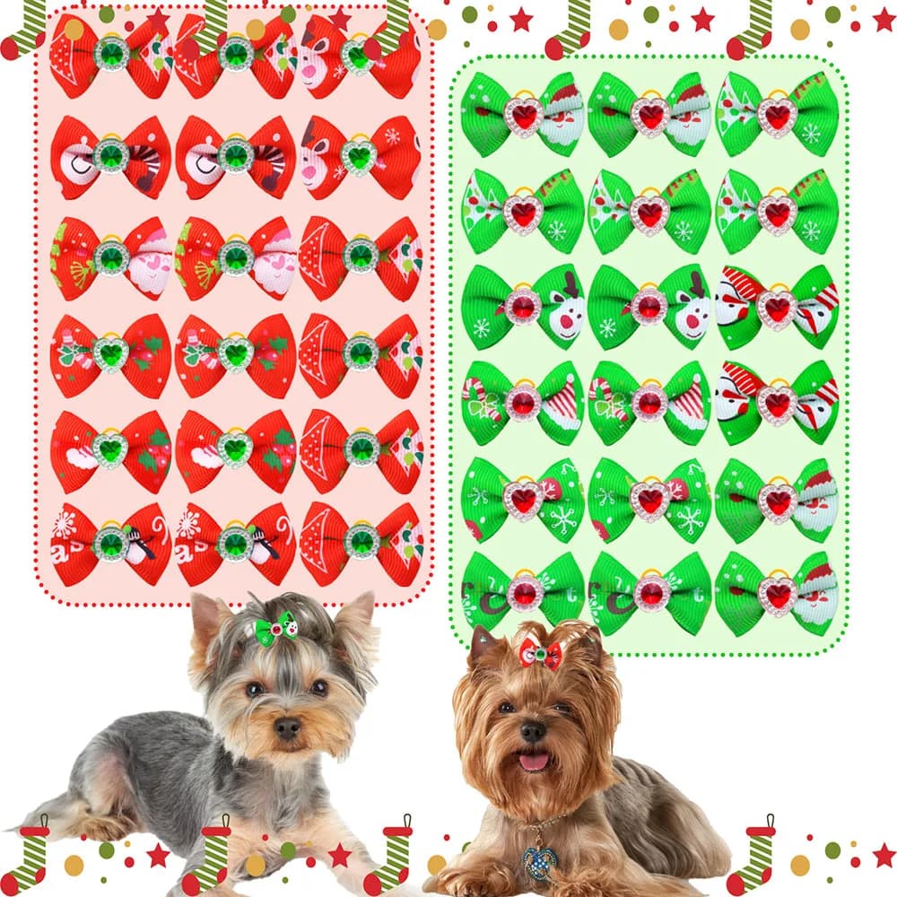200pcs Christmas Bowknot For Small Dogs Cute Dimond Pets Dogs Hair Bows Rubber Bands Pet Grooming Accessories For Dog Supplies
