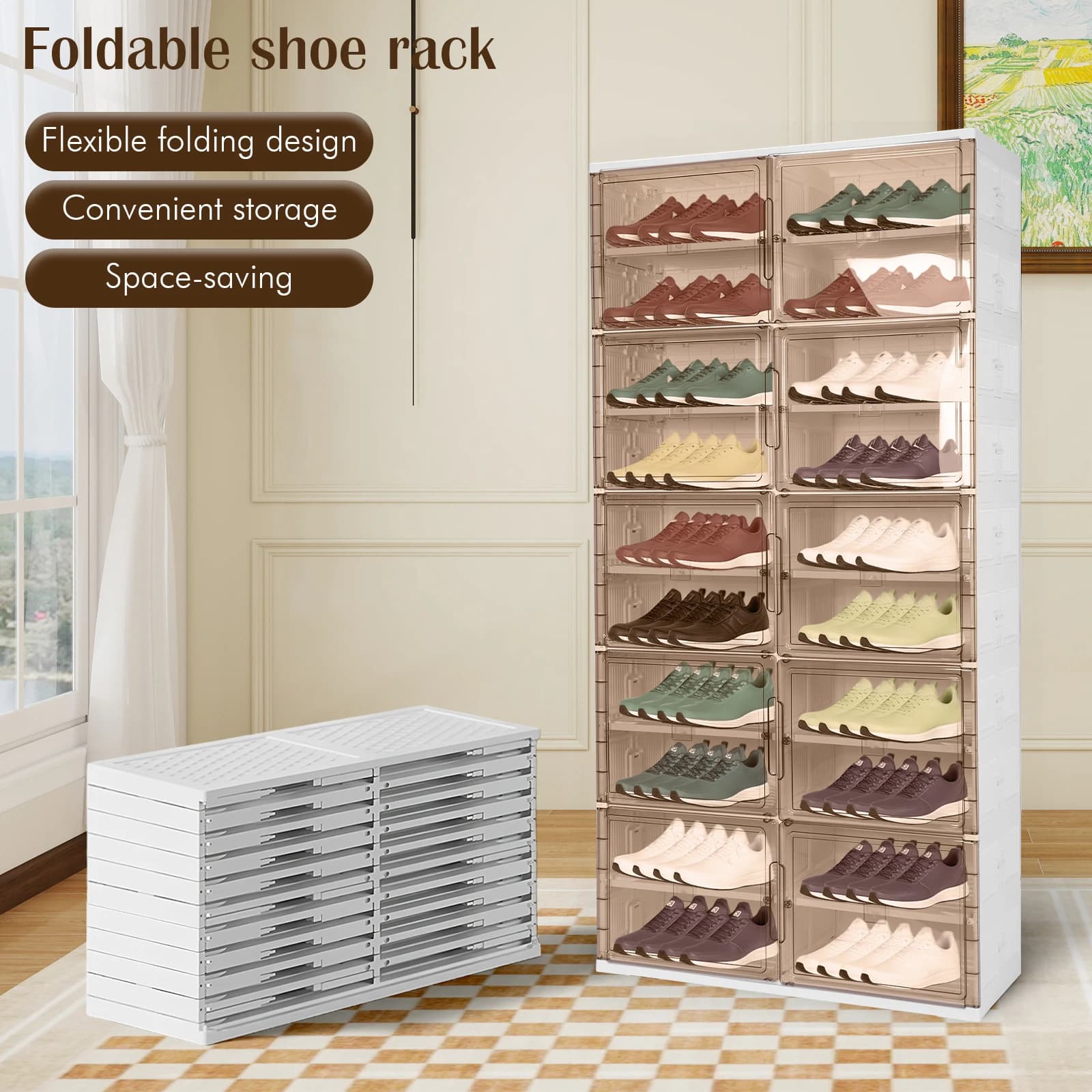 10 Level Folding Shoe for 40 Paia with Transparent Magnetic Door, Input and Wardrobe Shoes Organizer
