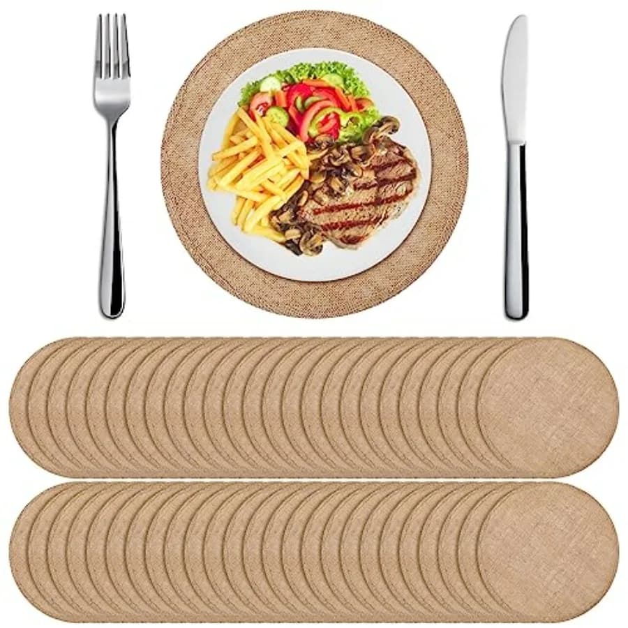 Set of 48 round tablecloths in juta canvas, heat resistant, for weddings, festive dinners, rustic decorations for the table