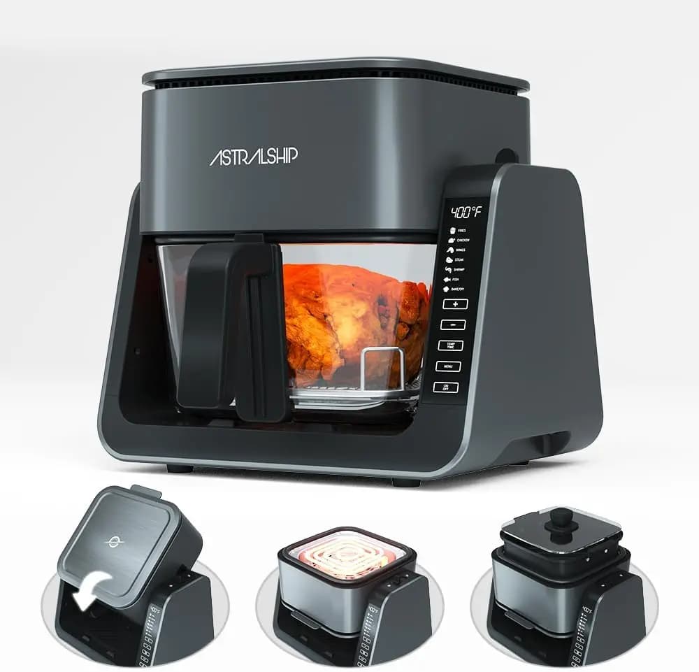 Air and Grill 2-in-1 in Glass, Without Teflon, 360 ° Visible cooking, 7 Pre-set programs, Compact for 1-2 people, Dishwasher washable