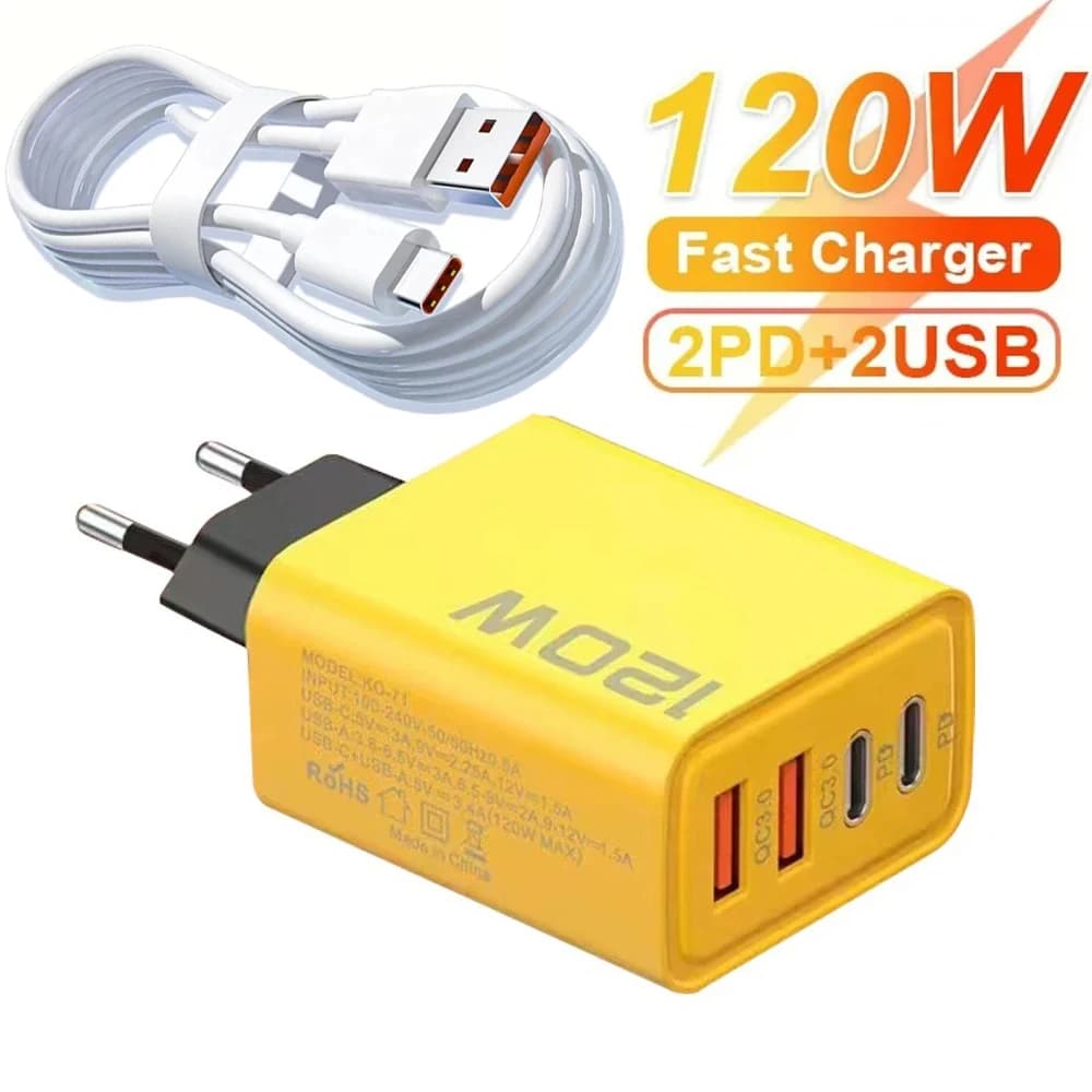 Caricatore USB C Rapido 120W a 4 Porte PD QC 3.0, Adattatore da Muro per iPhone 16 17 Samsung S24 Xiaomi 15 Huawei, Caricatore USB con Spina EU US UK