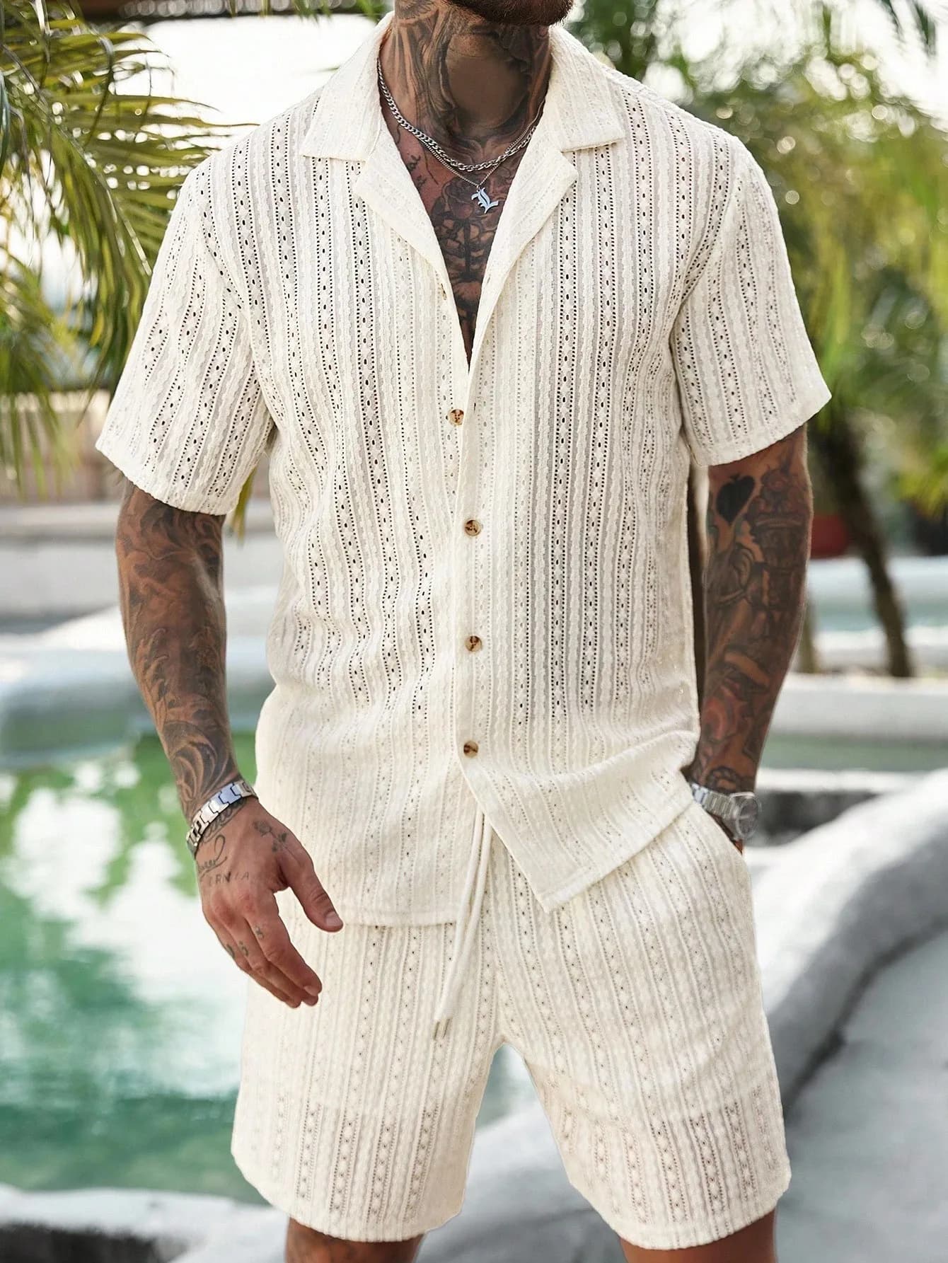 Men Crochet Knit 2 Piece Set Lapel Short Sleeve Shirt Drawstring Shorts Suit Summer Hollow‑Out Beach Vacation Outfits Male Casua
