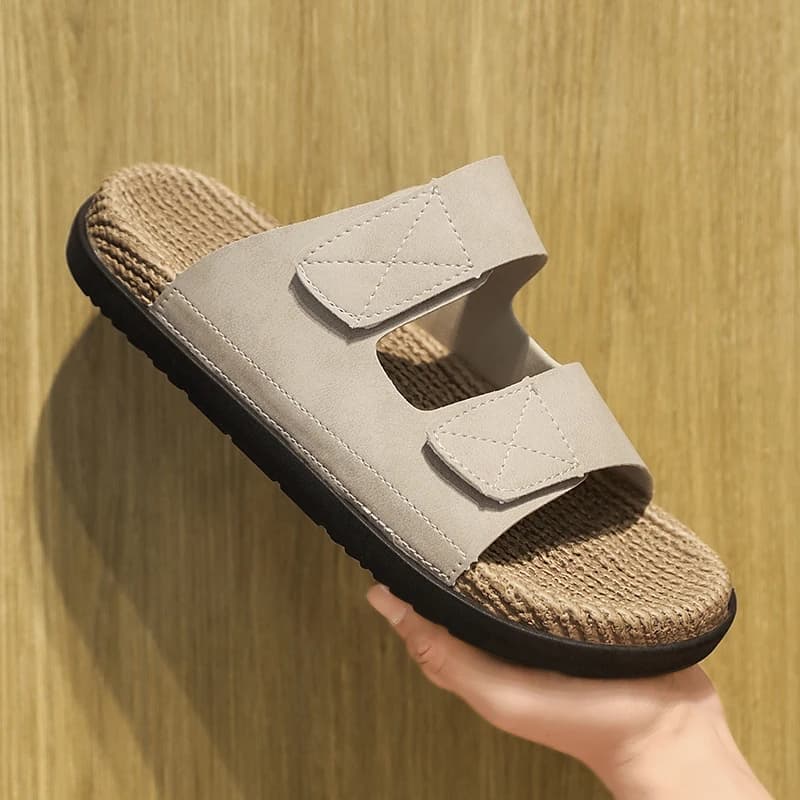 Pantofole da uomo in pelle PU, sandali con gancio e anello regolabili, poggiapiedi con struttura in EVA, taglia grande 47 48