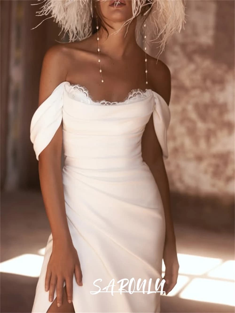 Chic Sheath Long Wedding Dress for Women, Customized, Detahcbale Off Shoudler Bride Dresses, Side Slit, Modern Cheap Bridal Gown