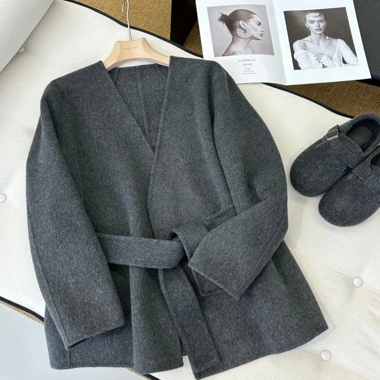 Classic Neckless Belted Woolen Coat Spring Autumn Winter Style Y Wood Giant 6900 Fashionable Elegant Women's Outerwear