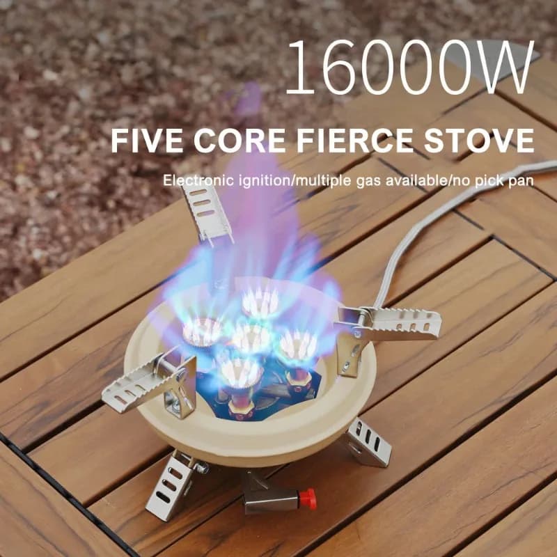 Fornello a Gas da Campeggio BRS-201A 16000W, Mini Fornello Portatile a 5 Fuochi ad Alta Potenza, Fornello da Turismo e Picnic con Accenditore