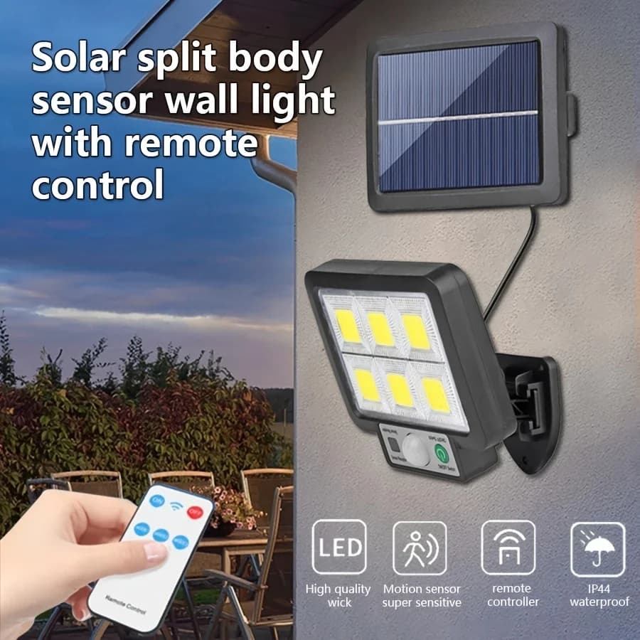 117COB Luce di inondazione solare Sensore di movimento esterno Lampada da parete solare 3 modalità di illuminazione Pannelli regolabili Luci da patio per garage cablate