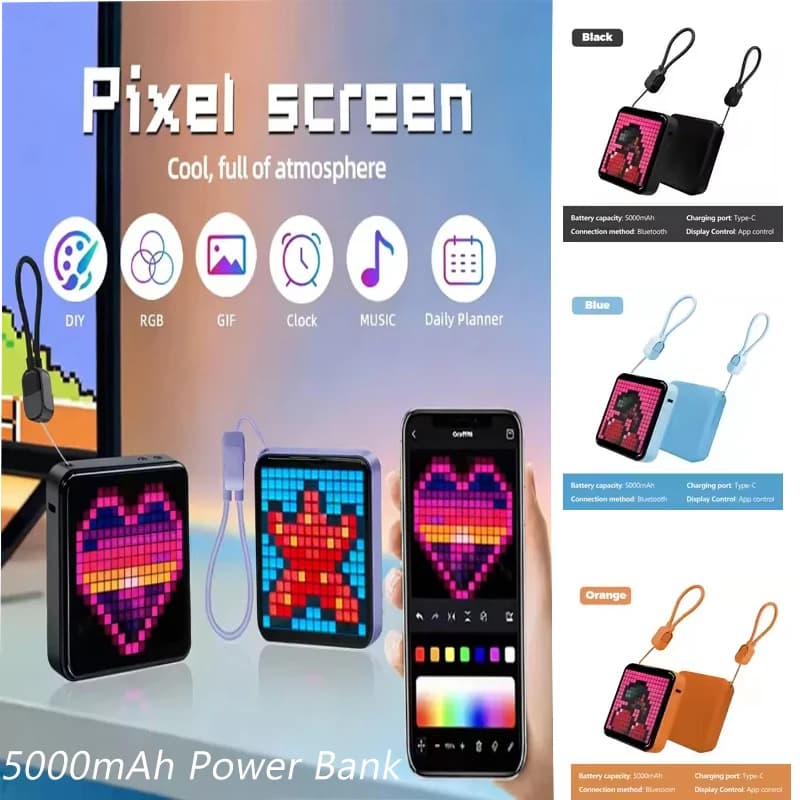 Power Bank da 5000mAh con Display LED Pixel 16x16px, Luce Notturna, Controllo App DIY, Cavo Type-C per Regali Creativi